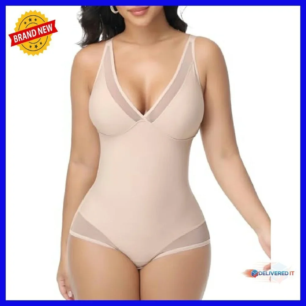 Women's Shapewear Bodysuit Tummy Control V-Neck Mesh Sheer All-Day Wear